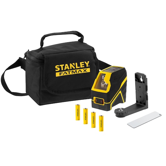 Stanley Fatmax laser level kit with carrying bag, batteries, mount and accessories on white background.