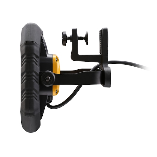 STANLEY FMHT81507-1 work light side view with black handle, yellow housing, and mounting clamp.