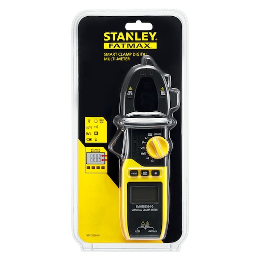 STANLEY FMHT82564-0 digital clamp multimeter, front angle, in retail packaging, yellow and black.