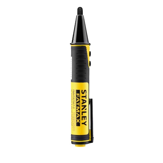 STANLEY FMHT82567-0 yellow and black voltage tester, front angle on white background.