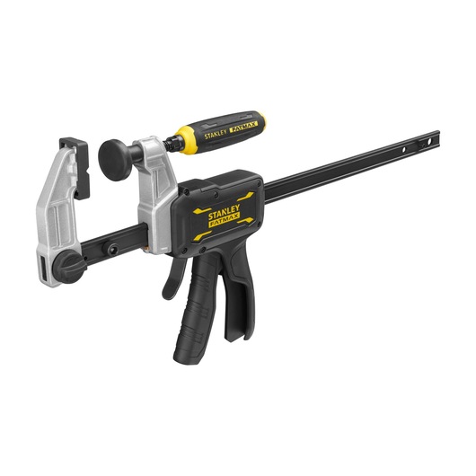 STANLEY FMHT83006-0 photography of a FATMAX trigger clamp with black and silver body, side angle.