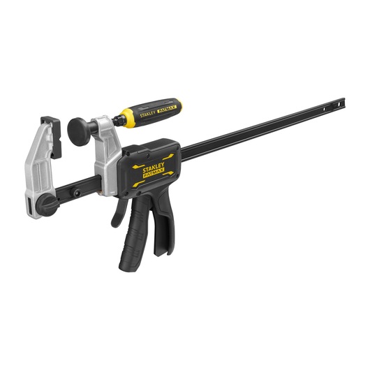 STANLEY FMHT83007-0 trigger clamp with pistol grip, black and silver, side angle on white background.