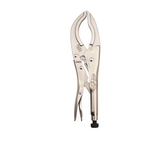 Photo of STANLEY STHT84900-0 curved jaw locking pliers, silver metal, product shown from front on white background.