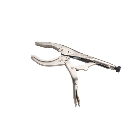 STANLEY STHT84900-0 curved jaw locking pliers, steel, side angle on white background.