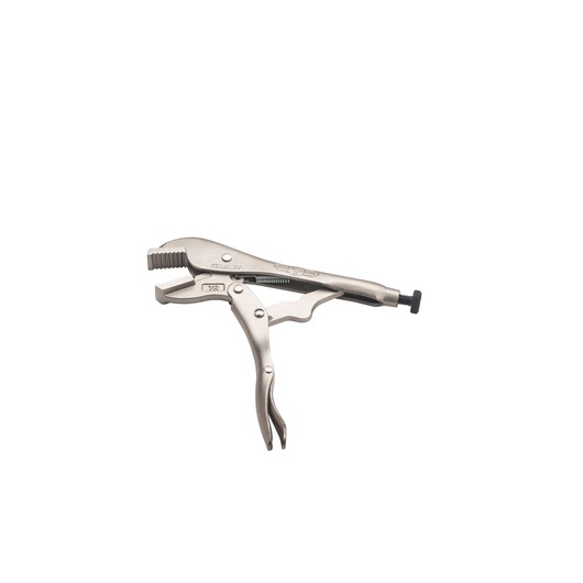 STANLEY FMHT84901-0 locking pliers with curved jaws, silver finish, side view on white background.