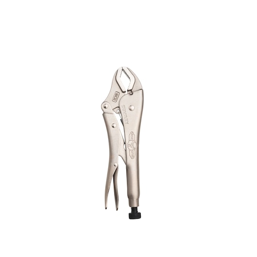 Photo of STANLEY FMHT84903-0 curved jaw locking pliers with silver finish, side angle, on white background.