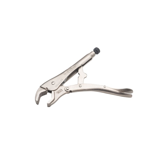 STANLEY FMHT84903-0 locking pliers, silver metal, side view on white background, curved jaw design.