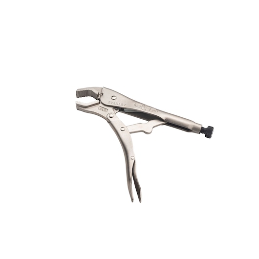 STANLEY FMHT84903-0 locking pliers with curved jaws, side view on white background.