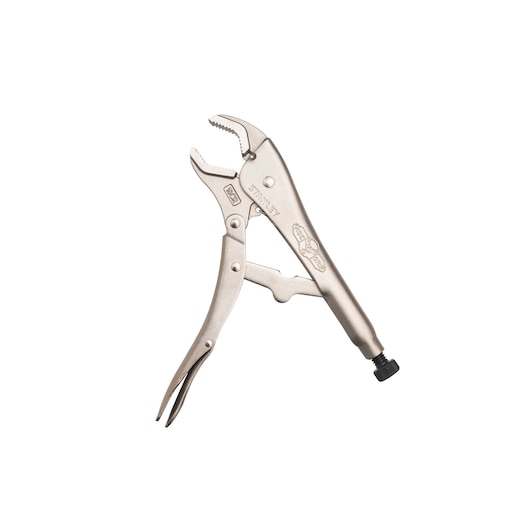 STANLEY FMHT84903-0 metallic locking pliers with curved jaws, side view, on white background.