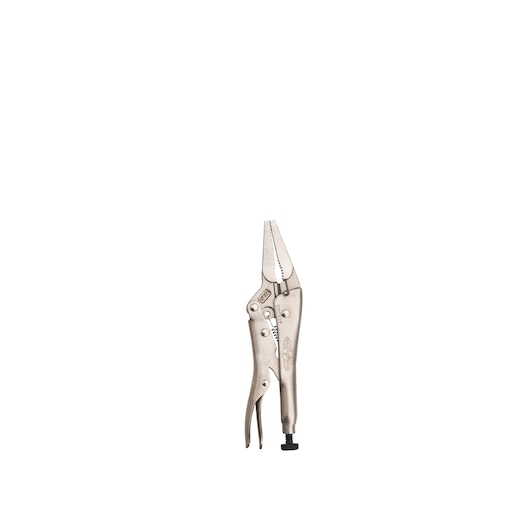 STANLEY FMHT84907-0 long nose locking pliers, silver finish, product on white background, front angle.