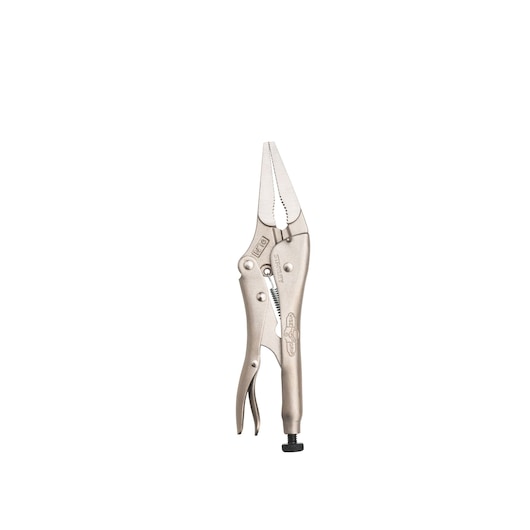 STANLEY FMHT84908-0 long nose locking pliers, metal, side angle, white background.