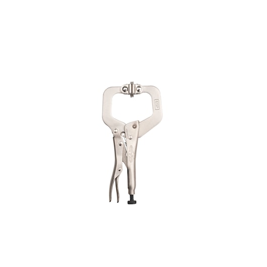 STANLEY FMHT84909-0 locking C-clamp pliers silver, front angle on white background.