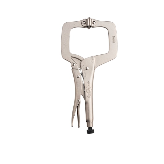 STANLEY FMHT84910-0 locking C-clamp plier, silver finish, front angle on white background.