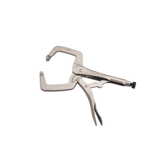 STANLEY FMHT84912-0 C-clamp locking pliers, silver metal, side angle on white background.