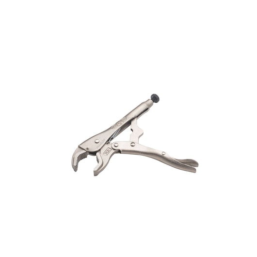 STANLEY FMHT84914-0 curved jaw locking pliers, silver metal, side angle on white background.