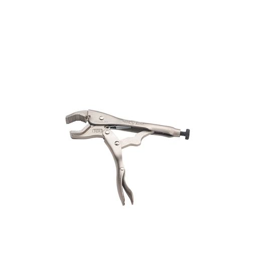 STANLEY FMHT84914-0 curved jaw locking pliers, silver metal, side view on white background.
