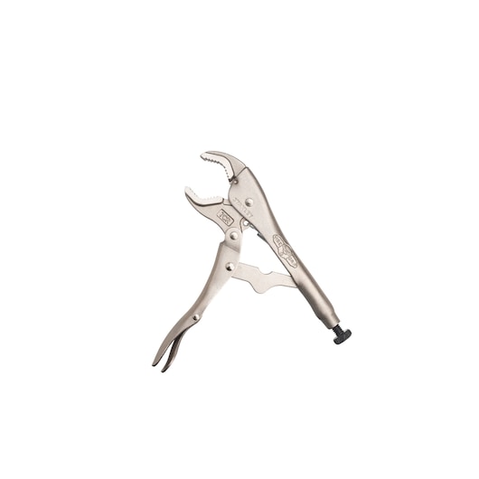 STANLEY FMHT84914-0 curved jaw locking pliers, silver metal, side view on white background.