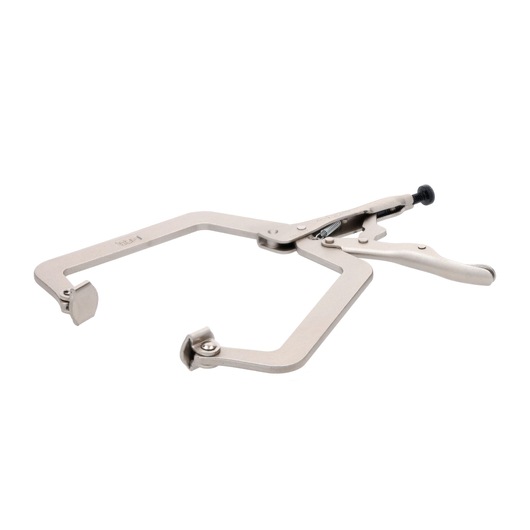 STANLEY FMHT84915-0 welding clamp with wide opening and padded jaws, angled side view on white background.