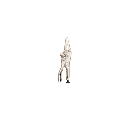 STANLEY FMHT84917-0 long nose locking pliers, silver finish, product photography, front angle on white background.