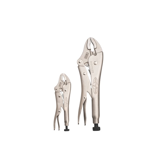 STANLEY FMHT84920-0 set of two silver locking pliers, straight jaw, front view on white background.