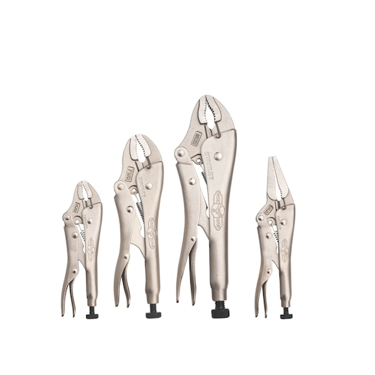 STANLEY FMHT84940-0 set of five silver locking pliers, various jaw shapes, front angle, white background.