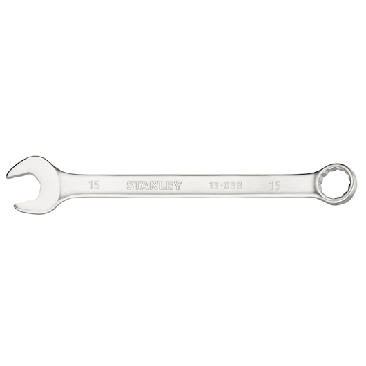 Photo of STANLEY FMMT13038-0 combination wrench, silver, 15mm, flat on white background.