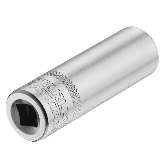 STANLEY FMMT17963-0 chrome deep socket, cylindrical design, brand engraving, angled view on white background.