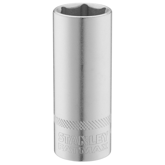 Photo of STANLEY FMMT17966-0 chrome socket, cylindrical with knurled grip, front view, tool accessory.