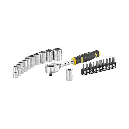 STANLEY FMMT82679-0 ratchet set with black and yellow handle, sockets, and multiple screwdriver bits, front angle.