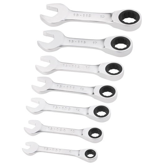 STANLEY FMMT82900-0 set of seven ratcheting combination wrenches, chrome finish, top-down angle on white background.