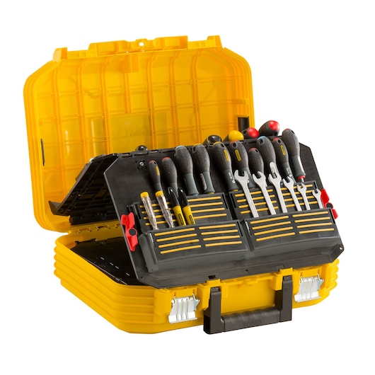 STANLEY FMST1-71943 yellow hard plastic tool case with assorted hand tools, shown open on white background.