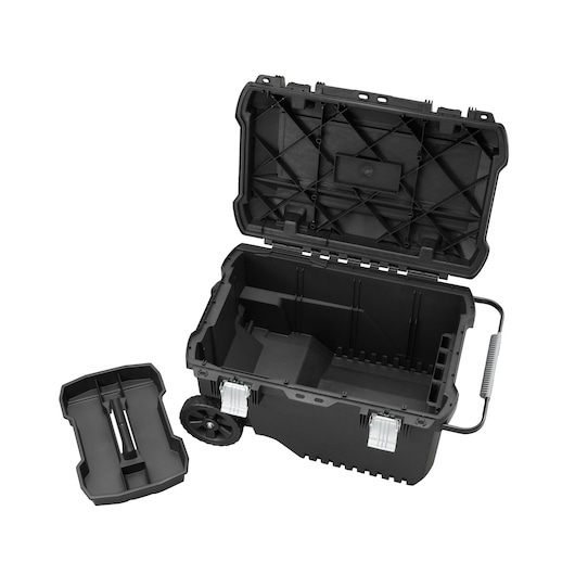 STANLEY FMST1-73601 black wheeled tool box with open lid and removable tray, front angle.