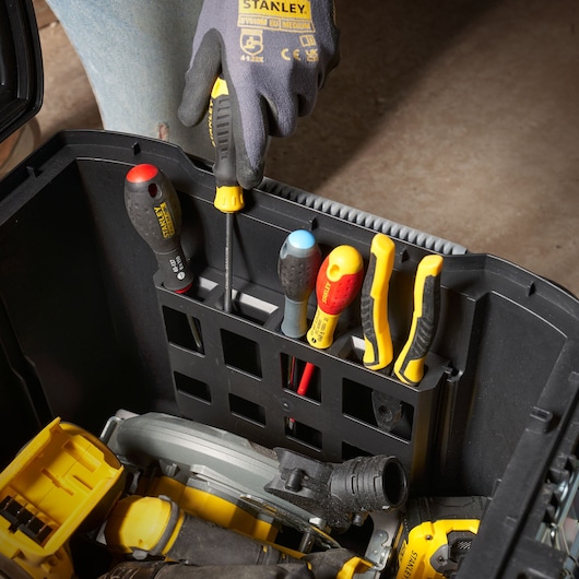 Stanley FMST1-73601 toolbox photography showing assorted screwdrivers and tools organized in holder.