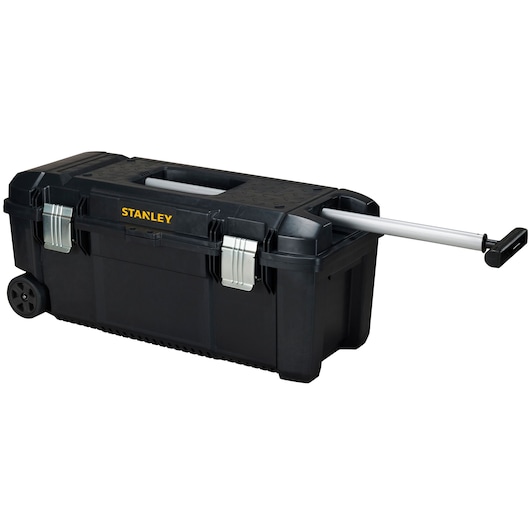 STANLEY FMST1-75761 black rolling toolbox with metal latches and extended telescopic handle, front angle on white.