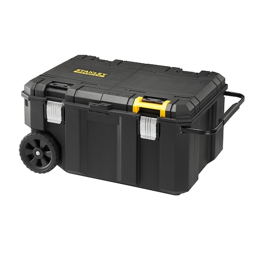 STANLEY FMST17870-1 black rolling tool box with yellow latch, metal latches, and sturdy wheels, angled on white background.