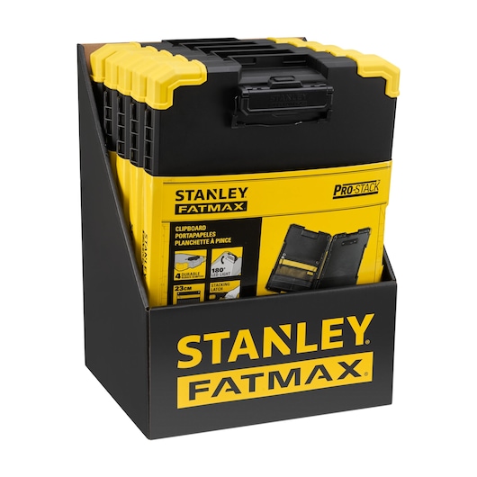 STANLEY FMST82721-1 clipboard black and yellow, front angle in branded display box.