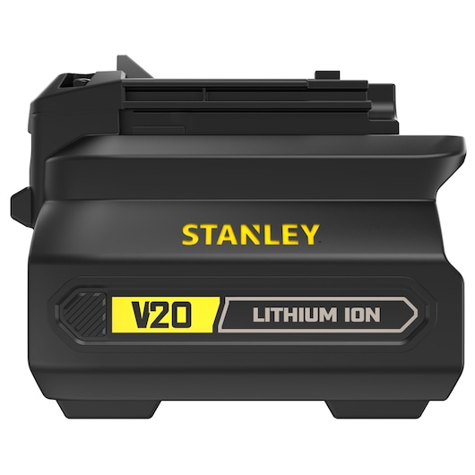 STANLEY SFMCB100 V20 FATMAX lithium ion battery, black, product side view, photography.