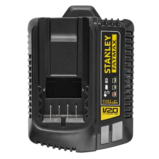 Stanley SFMCB14 battery charger, black, front angle, V20 lithium-ion, Fatmax branding.