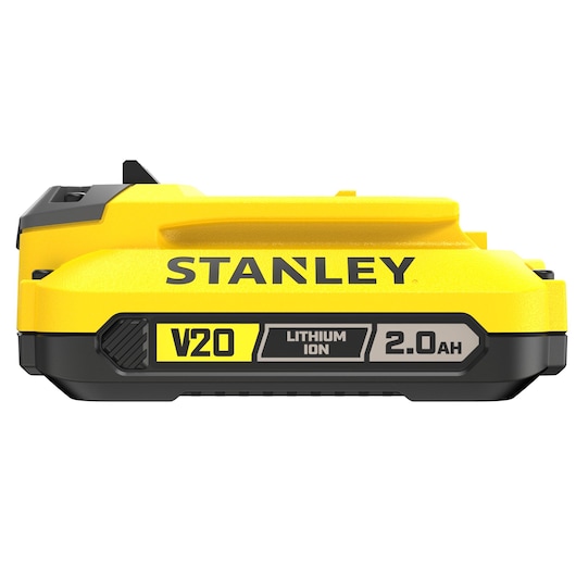 STANLEY SFMCB202 V20 FATMAX 2.0Ah lithium-ion battery front angle on white background.