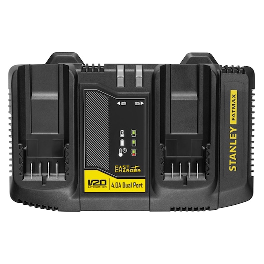 STANLEY SFMCB24 battery charger, V20 Fatmax 4.0A dual port, front angle, black and yellow design.