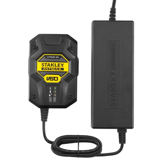 STANLEY SFMCB6012 FATMAX V60 lithium-ion battery charger, photography, front angle, black and yellow.