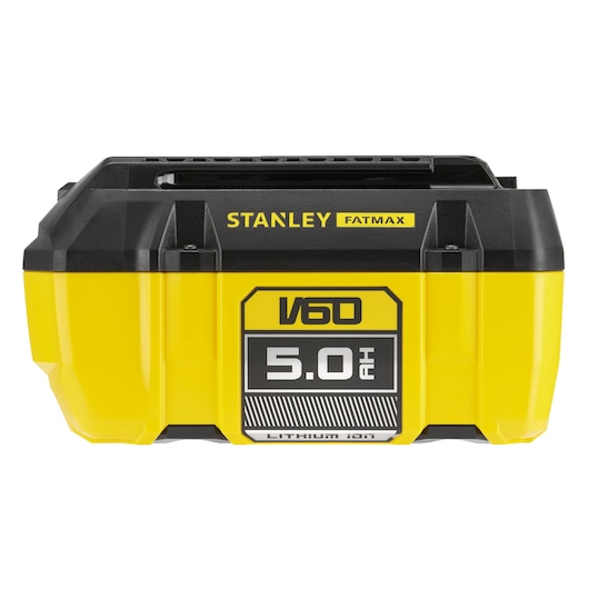 STANLEY SFMCB605 lithium-ion battery, yellow and black, front angle, 5.0 Ah capacity, V60 series.