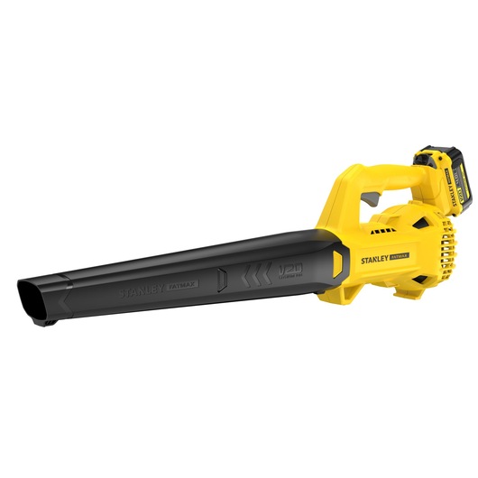 STANLEY SFMCBL714M1 cordless leaf blower, yellow and black, side view on white background.