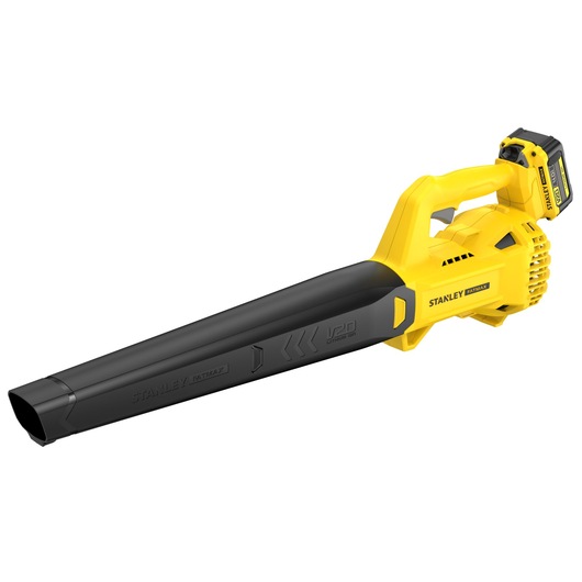 STANLEY SFMCBL714M1 cordless leaf blower, yellow and black, side angle on white background.