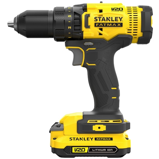STANLEY SFMCD700C2K cordless drill in yellow and black, side angle, V20 Lithium Ion, power tool photography.