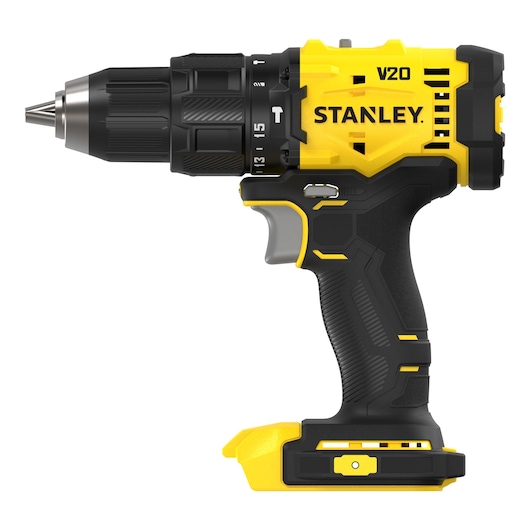 Stanley V20 cordless drill, yellow and black, ergonomic grip, shown without battery.