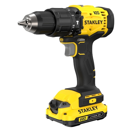 Yellow and black STANLEY V20 cordless drill with lithium-ion battery, shown from side view.