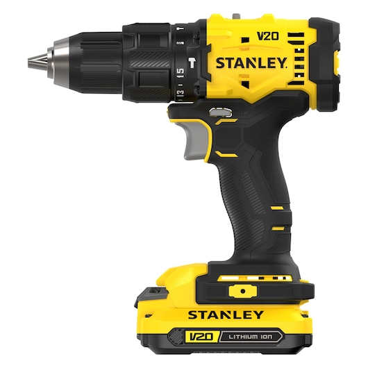 STANLEY V20 cordless drill with lithium ion battery in black and yellow, side view.