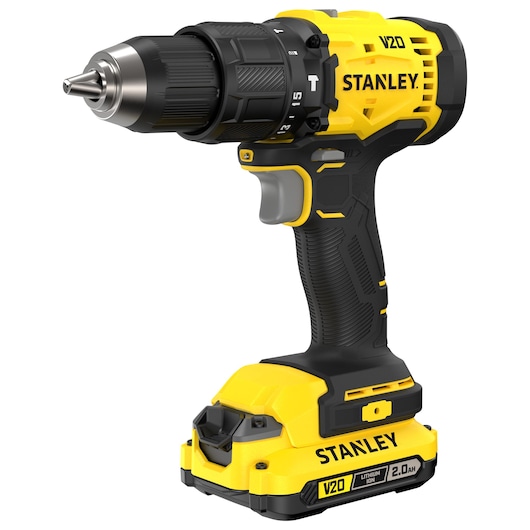 Stanley V20 cordless drill with ergonomic grip and yellow-black design, suitable for various drilling tasks.