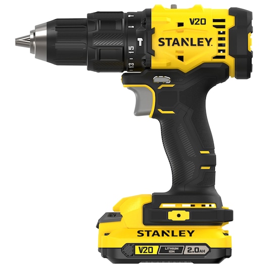 Stanley V20 cordless drill with black and yellow design, 2.0Ah lithium-ion battery, side profile view.